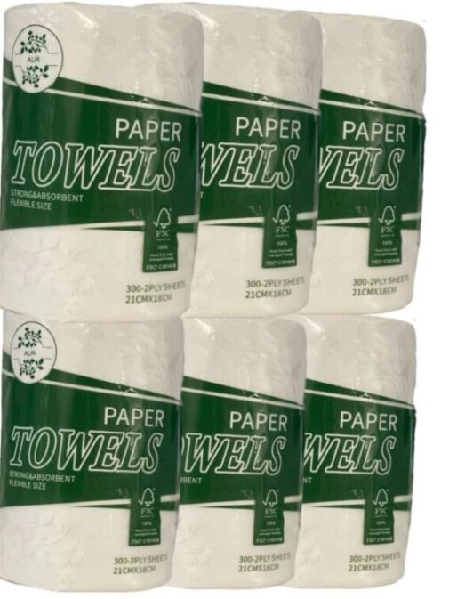 Super Saver Jumbo Paper Towel Rolls (6 Pack) โ 300 Sheets (63m) per Roll, 2-Ply, 21cm x 18cm โ Commercial Grade.
